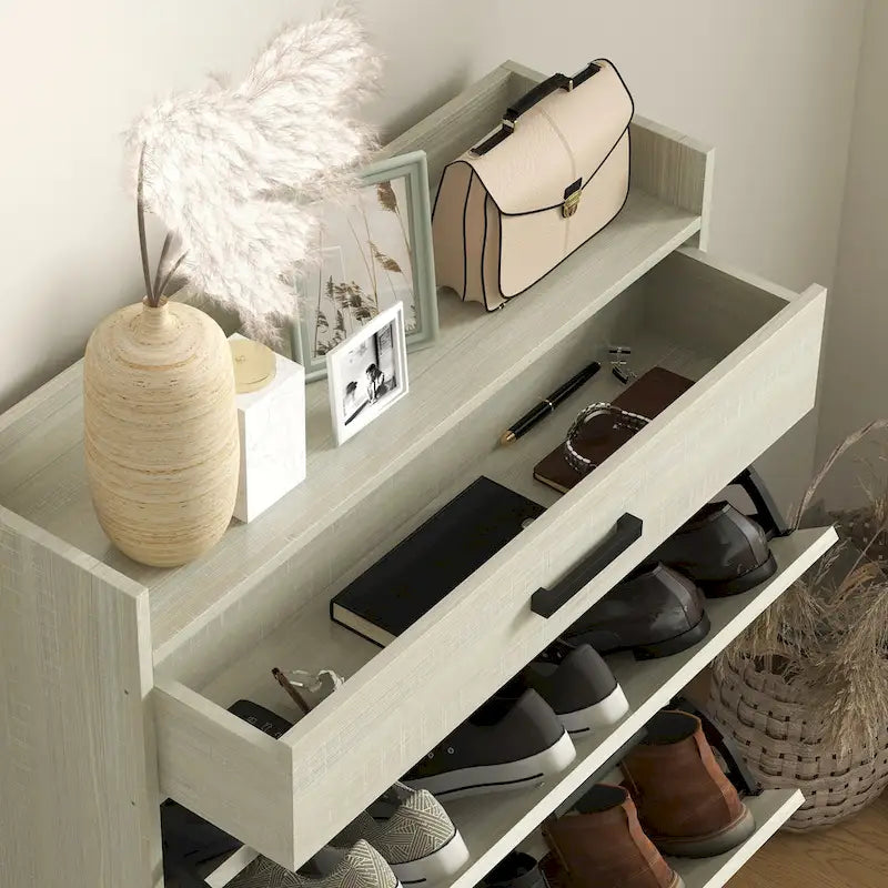 Schmaler Schuhschrank, industrieller Schuhaufbewahrungsschrank mit 2 Klappschubladen, verstellbaren Regalböden und oberer Schublade