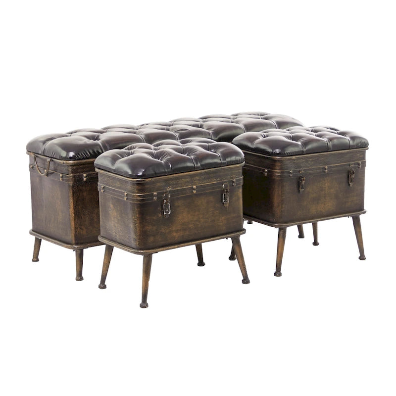 Metallbank mit verwitterter Optik und schwarzem Kunstleder mit Knopfheftung - 3er-Set Braun - - 16W x 48L x 21H
