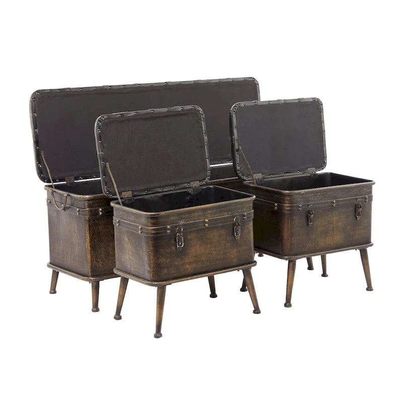 Panca contenitore in metallo effetto invecchiato con ecopelle nera trapuntata - Set da 3 marrone - - 16W x 48L x 21H