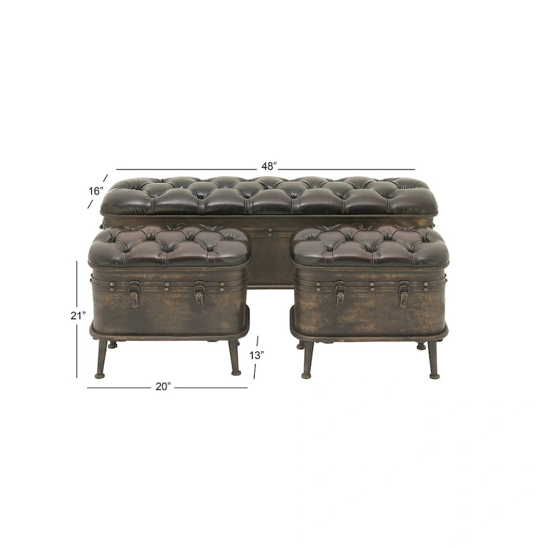 Metallbank mit verwitterter Optik und schwarzem Kunstleder mit Knopfheftung - 3er-Set Braun - - 16W x 48L x 21H