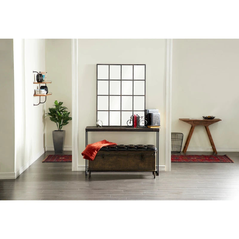 Metallbank mit verwitterter Optik und schwarzem Kunstleder mit Knopfheftung - 3er-Set Braun - - 16W x 48L x 21H