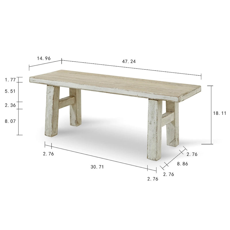 Kleine Bank aus altem Kiefernholz, 119,4 cm lang, antik-weißes Finish