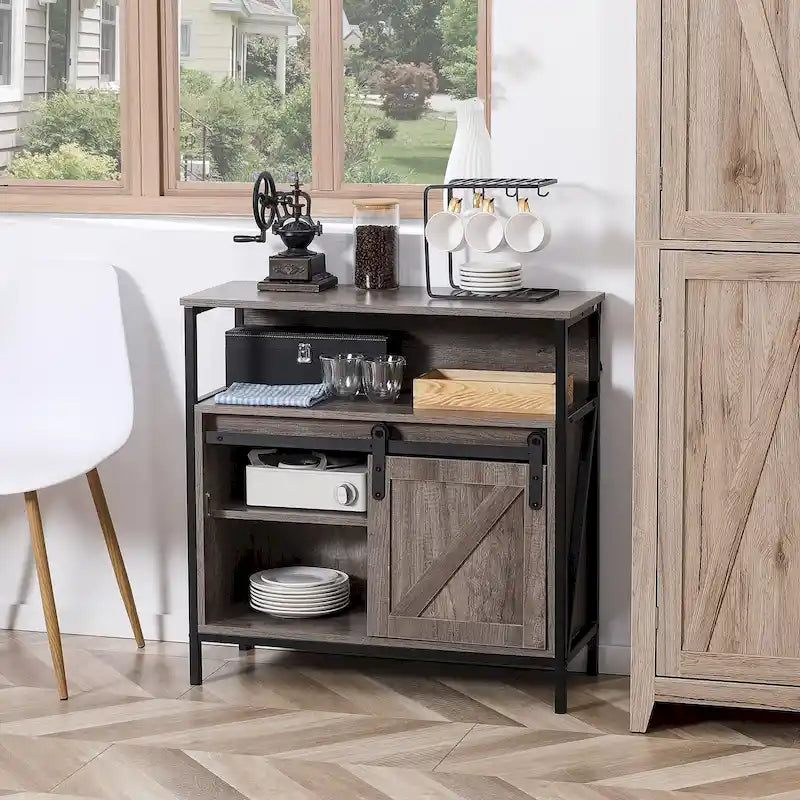 Credenza, mobile da cucina, con anta scorrevole tipo fienile e ripiano regolabile per soggiorno, grigia