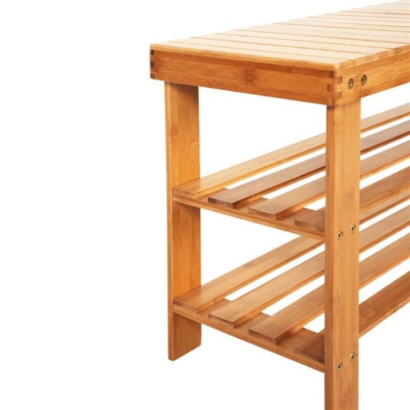 Scarpiera a panca in bambù con ripiani a motivo a strisce da 90 cm e vano per stivali, color legno - 35.43 x 11.02 x 17.72
