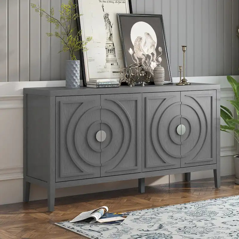 Anta per credenza retrò con design a scanalature circolari e maniglia rotonda in metallo - N/D