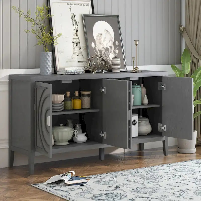 Anta per credenza retrò con design a scanalature circolari e maniglia rotonda in metallo - N/D