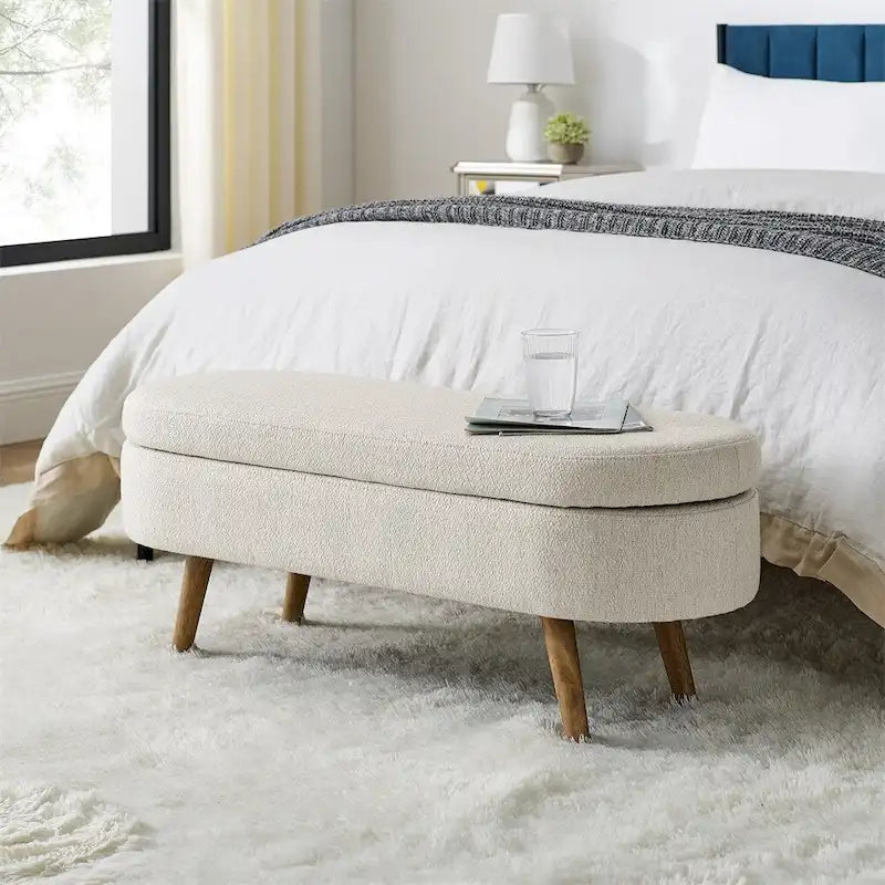 Panca contenitore ovale per camera da letto, gambe in legno di gomma - Beige