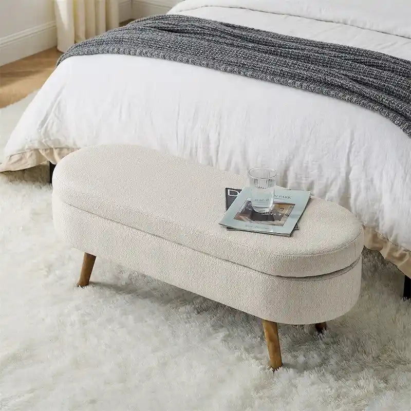 Panca contenitore ovale per camera da letto, gambe in legno di gomma - Beige