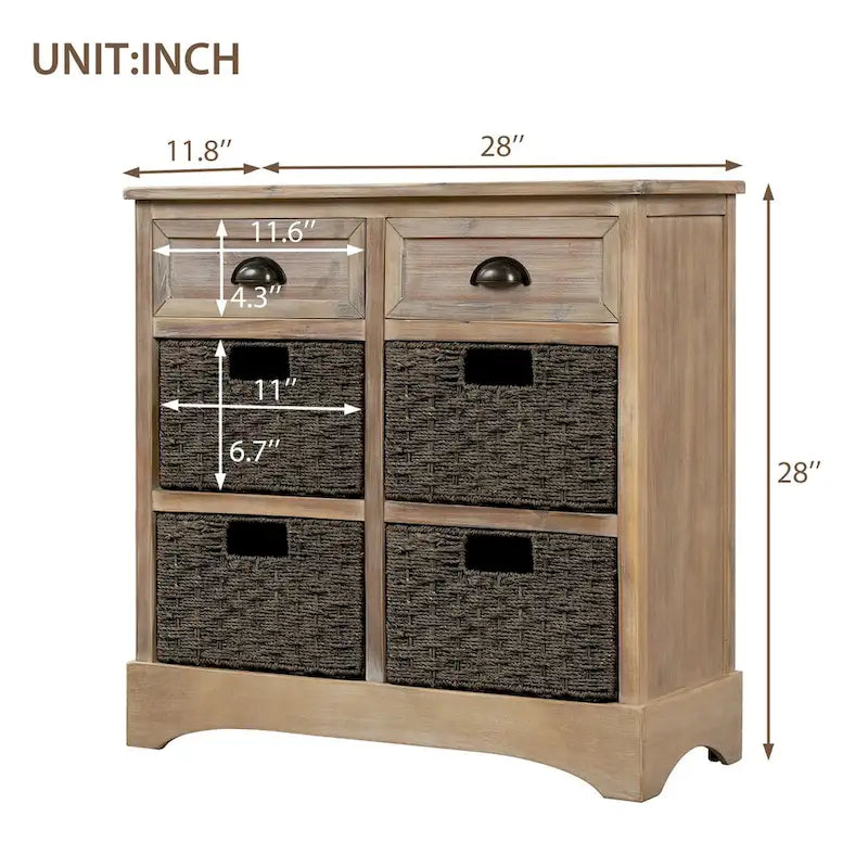 Rustikaler Aufbewahrungsschrank mit zwei Schubladen und vier klassischen Rattankörben für Esszimmer/Wohnzimmer