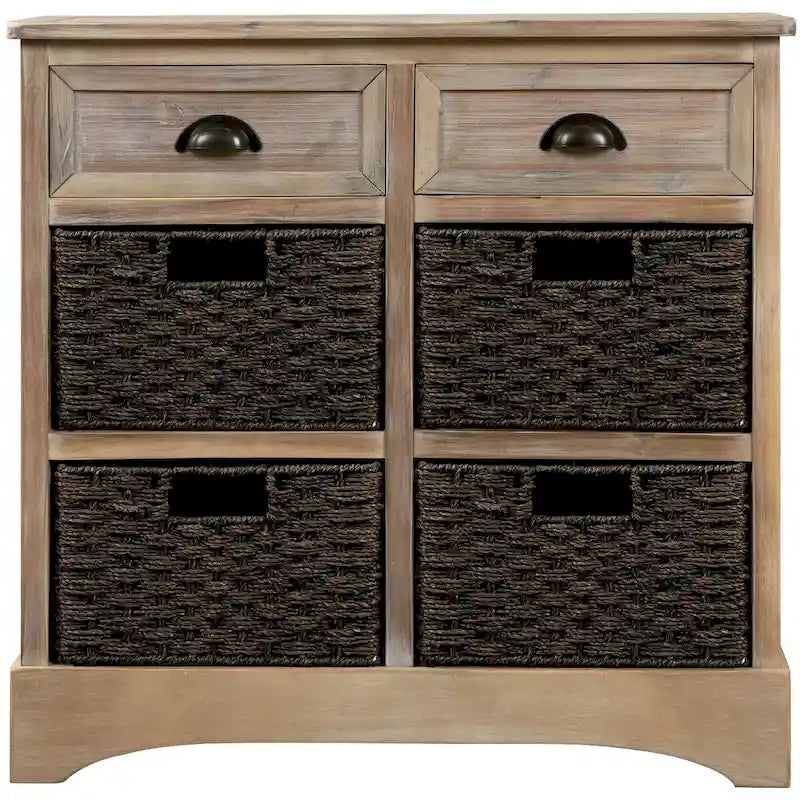 Rustikaler Aufbewahrungsschrank mit zwei Schubladen und vier klassischen Rattankörben für Esszimmer/Wohnzimmer