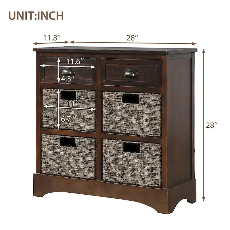 Rustikaler Aufbewahrungsschrank mit zwei Schubladen und vier klassischen Rattankörben für Esszimmer/Wohnzimmer