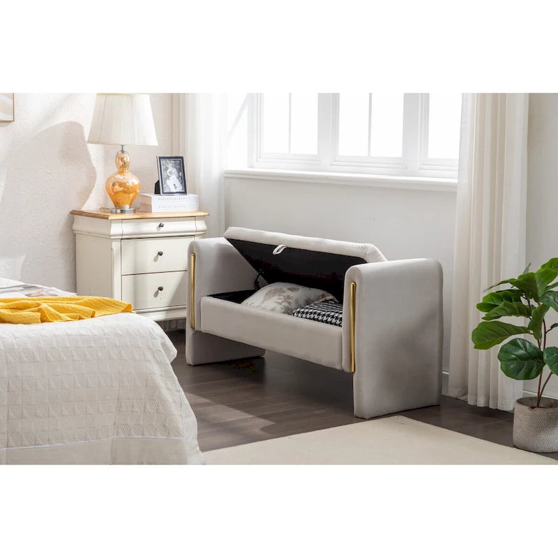 Panca contenitore in tessuto di velluto, panca per camera da letto con profilo decorativo in metallo dorato, per soggiorno e camera da letto, da interno, grigio chiaro