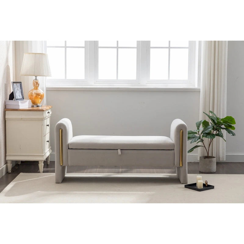 Panca contenitore in tessuto di velluto, panca per camera da letto con profilo decorativo in metallo dorato, per soggiorno e camera da letto, da interno, grigio chiaro
