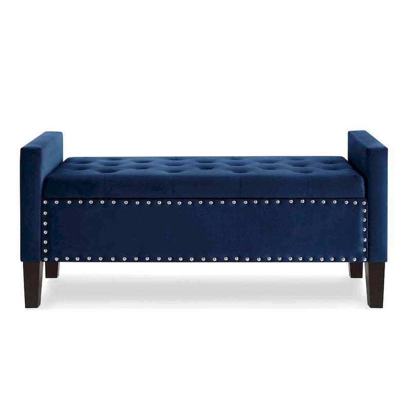 Panca contenitore imbottita con bottoni trapuntati e bordino con borchie, seduta morbida imbottita per ingresso e soggiorno con bracciolo, panca da letto - Blu navy