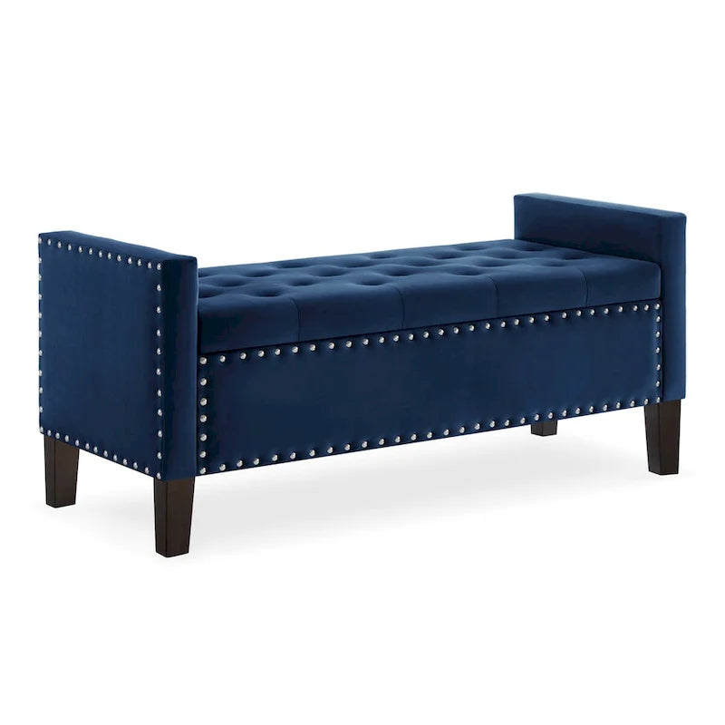 Panca contenitore imbottita con bottoni trapuntati e bordino con borchie, seduta morbida imbottita per ingresso e soggiorno con bracciolo, panca da letto - Blu navy