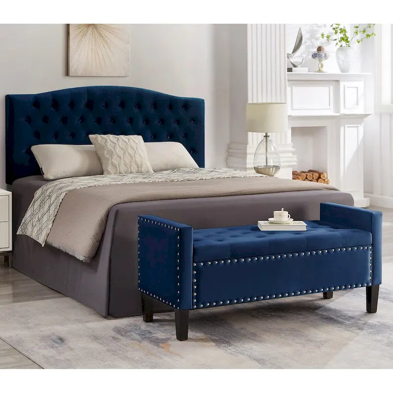 Panca contenitore imbottita con bottoni trapuntati e bordino con borchie, seduta morbida imbottita per ingresso e soggiorno con bracciolo, panca da letto - Blu navy