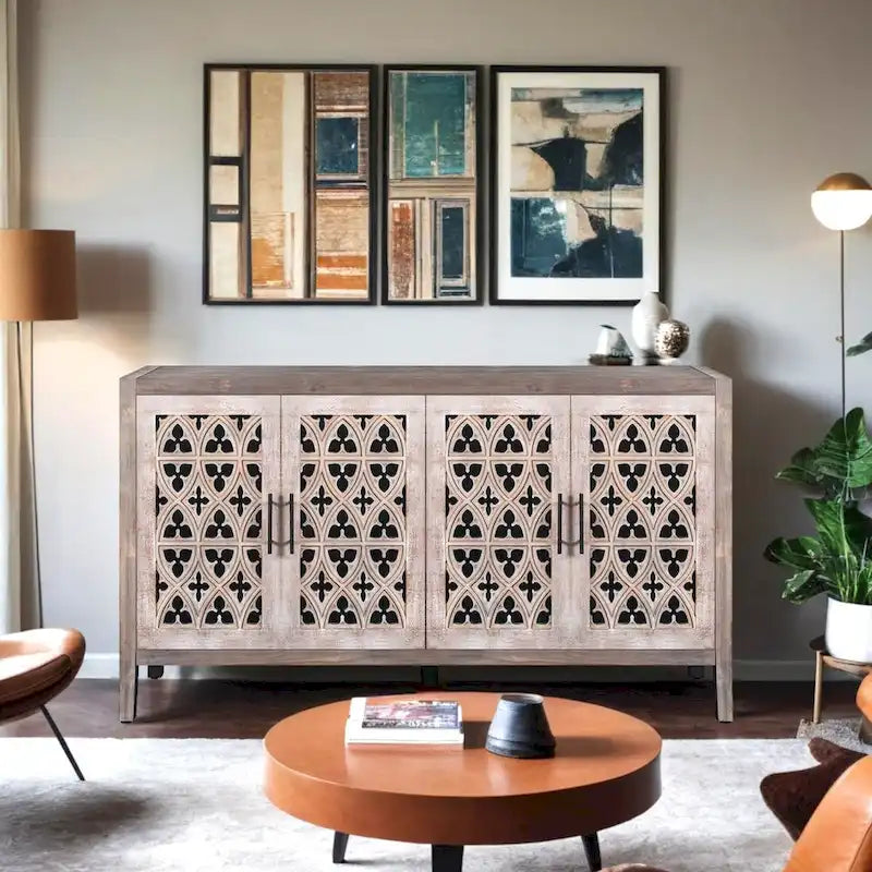 Antiker Schrank mit vier Türen und Gitterfront, amerikanischer Landhausstil, geeignet für Wohnzimmer, TV-Schrank und Küche