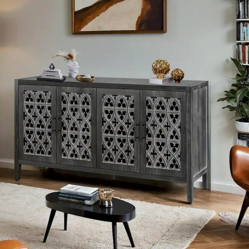 Antiker Schrank mit vier Türen und Gitterfront, amerikanischer Landhausstil, geeignet für Wohnzimmer, TV-Schrank und Küche