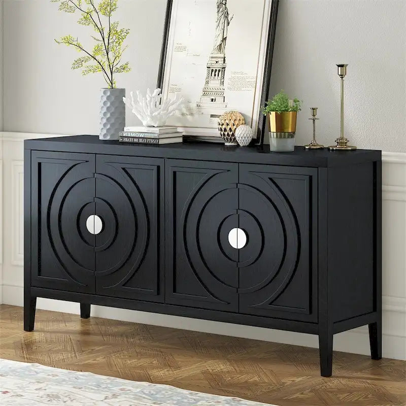 Credenza retrò con design a scanalature circolari e maniglia rotonda in metallo