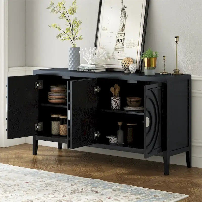 Credenza retrò con design a scanalature circolari e maniglia rotonda in metallo