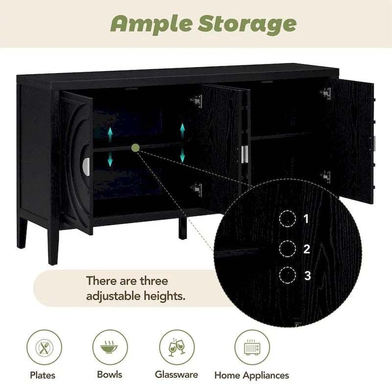 Credenza retrò con design a scanalature circolari e maniglia rotonda in metallo