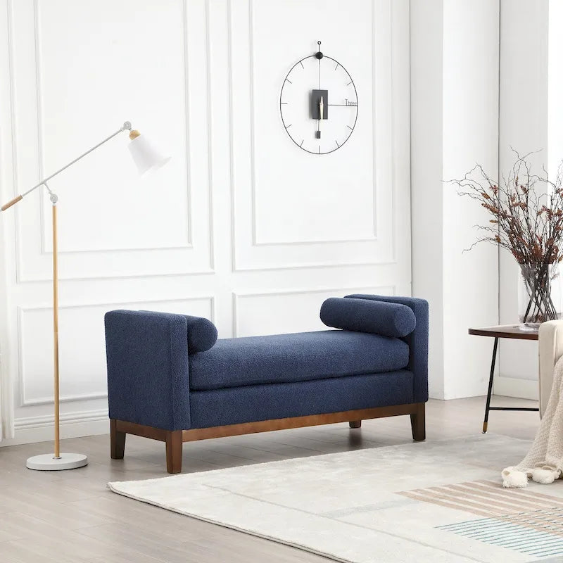 Elegante panca imbottita in bouclé da 53.5W, pouf con gambe in legno e cuscini a rullo