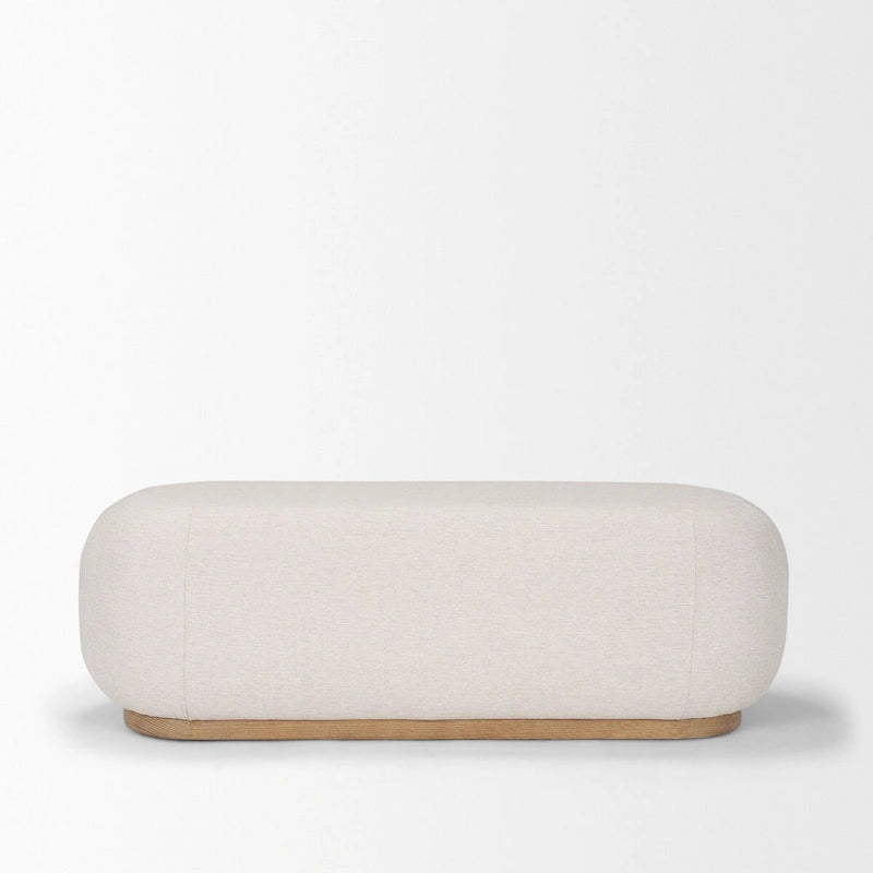 Panca oblunga in tessuto color crema con legno marrone chiaro