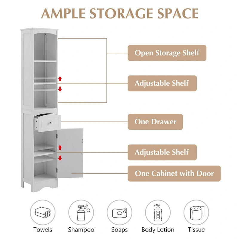 Mobile alto da bagno, mobile contenitore indipendente con cassetto, pannello MDF, ripiano regolabile