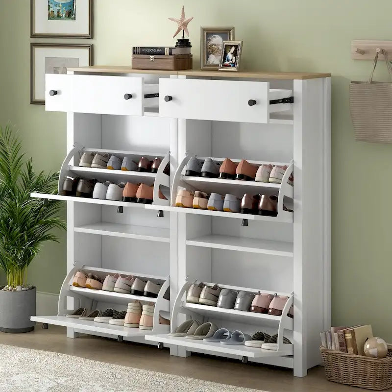 Scarpiera con piano effetto legno, cassetti ribaltabili e pannello regolabile