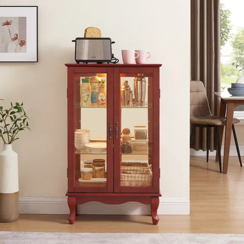 Vetrinetta a 2 ante con ante in vetro temperato, pannello posteriore a specchio e ripiani regolabili, lampadina da ufficio inclusa