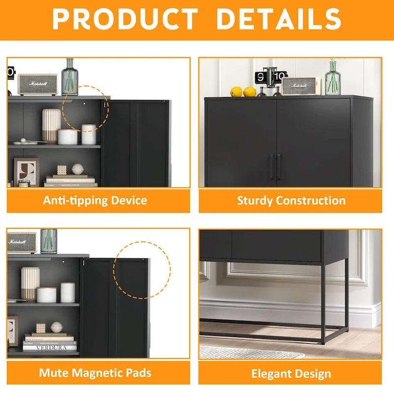 Robustes Buffet-Sideboard aus Metall, moderner Stahlschrank mit 2 Regalböden, freistehend