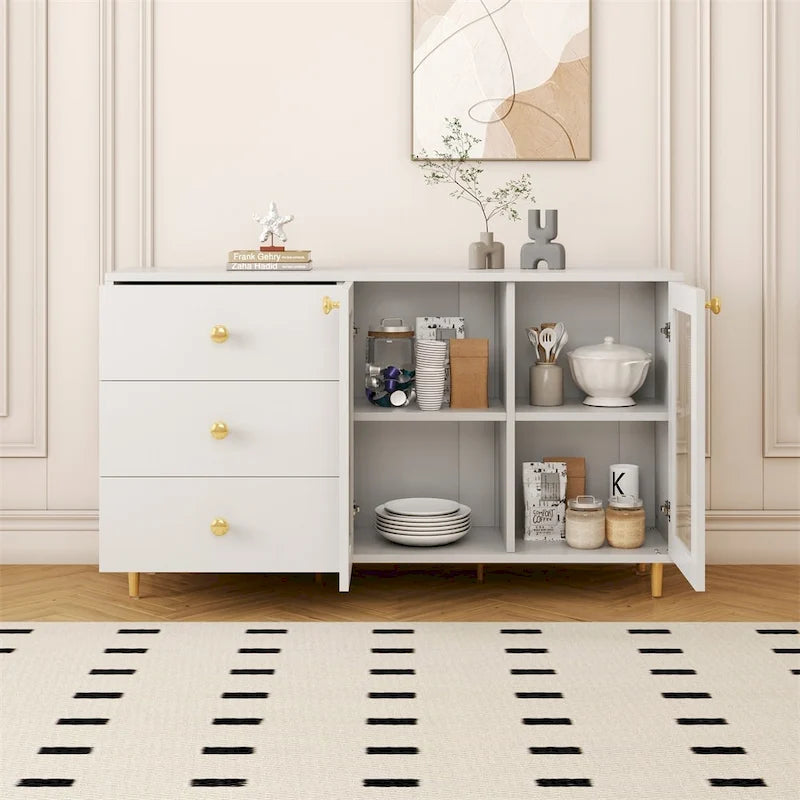 Mobili laterali moderni in legno con ante in vetro e cassetti