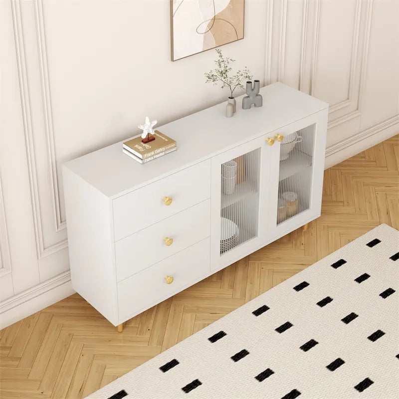 Mobili laterali moderni in legno con ante in vetro e cassetti